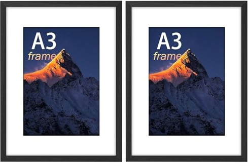 wyewye A3 Rahmen, Schwarz, 29,7x42 cm mit Plexi-Glas, Din A3 Rahmen für A3/A4 Druck, Wandmontage Möglich, Holz, Doppelpack, 2er-Set