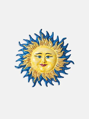 Terrecotte del Sole - Sole in ceramica siciliana originale per parete blu diametro 40, realizzato e decorato a mano.