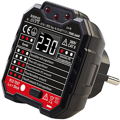 revolt Steckdosenprüfer: Steckdosentester mit LCD-Display, RCD-Test, LED-Anzeige, 48-250 Volt (Spannungsprüfer, Prüfstecker, Adapter)