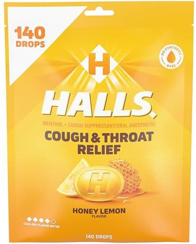 Halls Cough and Throat Relief Honey Lemon Cough Drops, Bulk Pack, 140 Drops