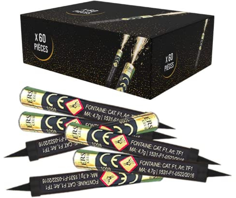 Lot de 60 Fontaines à Gateaux Scintillantes durée 60 Secondes pour Gateaux et Bouteilles de Champagne, Bougie lumineuse d'ambiance pour anniversaire 1 Minute - SPARKLERS CLUB® | Durée 60 Secondes, Or Doré, Usage Intérieur Extérieur, Gâteaux Bouteilles, Sans Fumée Excessive, Conforme CE