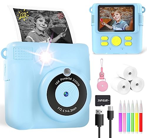 Kids Camera for Boys, Instant Print Camera for Kids with Photo Paper, 1080P Digital Camera for Children, Cool Toys Gifts for Boys Age 3 4 5 6 7 8 9 10 Years Old, Video Recorder, 32GB SD Card - Blue