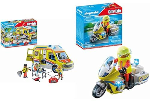 Playmobil 71202 Ambulance avec Effets Lumineux et sonore - City Life - Les Secours & 71205 Urgentiste avec Moto et Effet Lumineux - City Life - avec Un Personnage