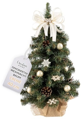 Creative Home Weihnachtsbaum Geschmückt Cremefarben | Höhe 40 cm | Künstlicher Weihnachtsbaum klein Tannenbaum Mini im Jutesack | für Schreibtisch Büro | Innen & Außen Weihnachtsdeko Geschenk