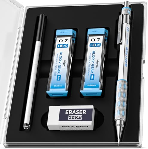 Nicpro Blocky Gear 0.7 mm Mechanical Pencils Set in Case, Metal Pencil with Lead Refills, Eraser for Professional & Adult Art Writing Drafting Drawing