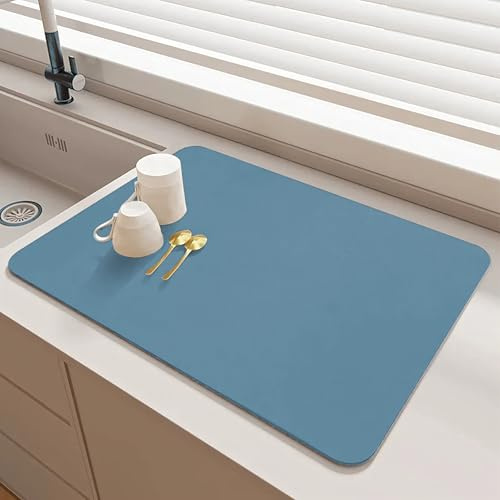 SOQKEEN Self Drying Mat - 20''x16'' Kitchen Absorbent Draining Mat for Coffee Machine, Dish Rack, Bar & Kitchen Sink Counter Blue