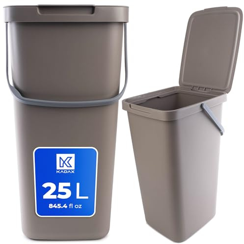 KADAX Abfallbehälter mit Deckel und Griff, Abfalleimer aus Plastik, Mülleimer für die Mülltrennung, Rechteckiger Abfallsammler mit Klappdeckel (Braun, 25L)