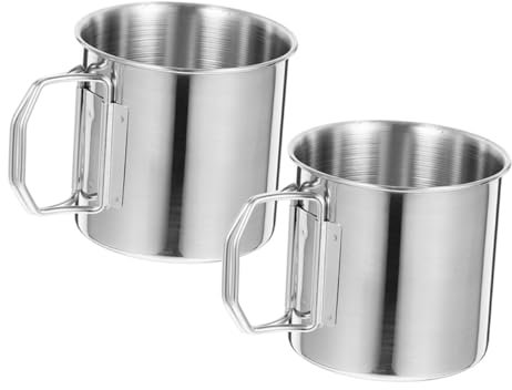 NAMOARLY 2 Stück Faltbare Campingbecher aus Edelstahl mit Klappbarem Griff Silber Tragbar für Outdoor Abenteuer und Camping