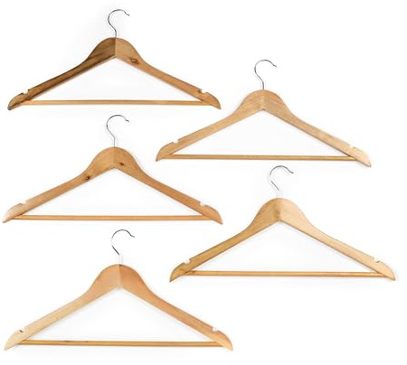Beldray Wooden Clothes Hangers – Pack of 5 Sturdy Suit Hangers, Multifunctional Garment Hangers with Trouser Bar, Wardrobe Organiser, Strong and Durable, FSC®-Certified Wood, Natural | FSC®-Certified solid wood, notched shoulders for straps, natural beech finish, suit shape for coats and jackets