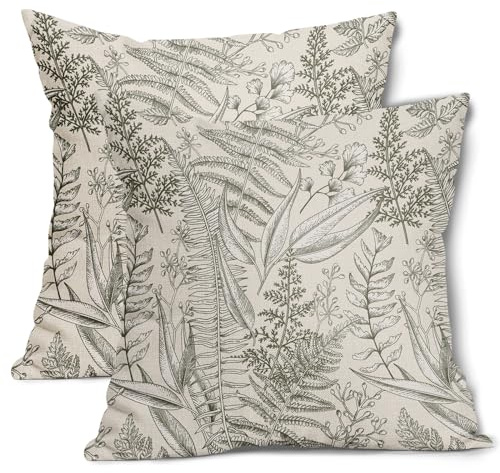 Olive Green Leaf Plant Pillow Covers 20X20 Inch Herbs Botanical Fern Vintage Leaves Floral Decorative Pillow Cases Set of 2 Cotton Linen Throw Pillows Farmhouse Home Decor For Sofa Couch Outdoor