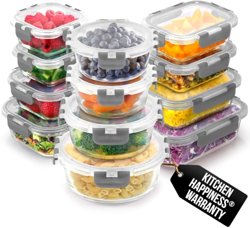 Zulay 12er-Set Glas-Frischhaltedosen für Meal Prep, Tupperdosen Set aus Glas mit luftdichten Deckeln - Meal Prep Boxen Gläser, spülmaschinen-, mikrowellen-, ofen- & gefriergeeignet, BPA-frei - Grau