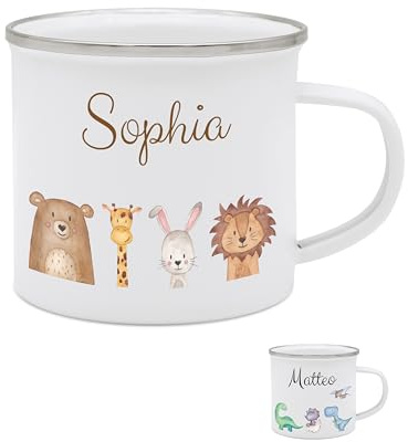 wunderwunsch - Personalisierte Emaille Tasse Kinder mit hochwertigem Spezial-Druck – Bruchsicher, Leicht & Umweltfreundlich – Perfekt für Zuhause, Kindergarten oder Camping (Tiere unten)