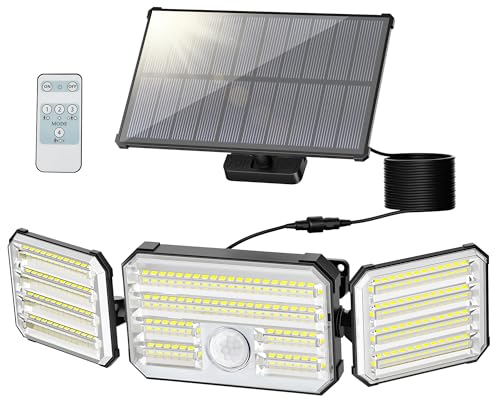 Lámparas solares para exteriores con detector de movimiento, 160 luces LED solares para exteriores con función de alarma, 2000 mAh, 4 modos, IP67, impermeable, lámpara de pared solar con mando a