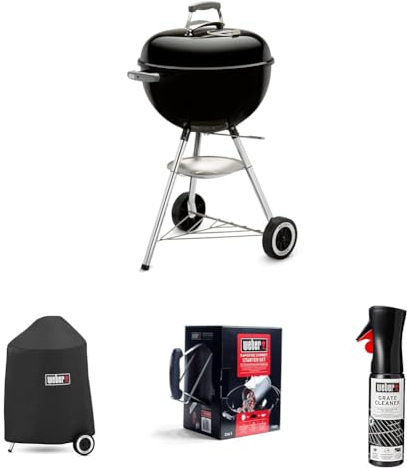 Bundle - Weber Classic Kettle Charcoal Grill Barbecue, 47cm|BBQ Grill with Lid Cover, Lid Thermometer, Stand & Wheels Freestanding Outdoor Oven & Cooker with Porcelain-Enamelled Bowl-Black (1231004)