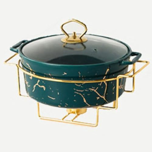 Food Warmer for Parties Buffets, Food Warming Tray Round Chafing Dish Buffet Set, Ceramic Marble Finish Chafer with Glass Lid,Green