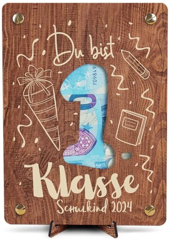 Generisch Karte Einschulung - XL Geldgeschenk aus Holz inkl. Ständer | 1 Klasse - Sinnvolle Einschulungsgeschenke, Einschulung Geschenk