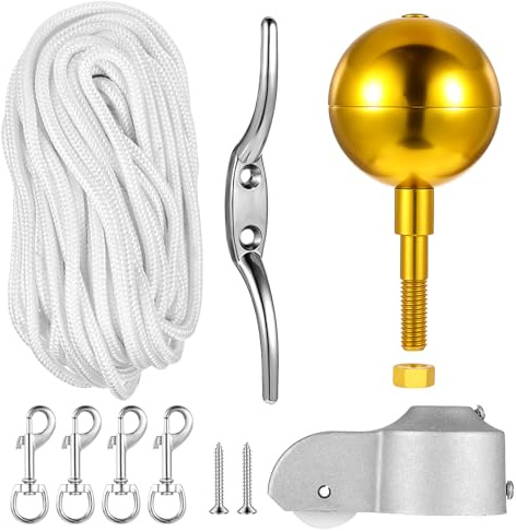 JOUTYFOR Flagpole Hardware Repair Parts Kit,50 Feet Halyard Rope+3 Gold Ball+6 Zinc Alloy Cleat + 4 Metal Swivel Snap Clips + Aluminum Alloy Flagpole Truck with Nylon Pulley for 1.6-2 Flag Poles
