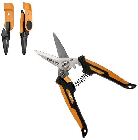 CEERAYZ 185mm Tijeras Multiusos, Tijeras podar, Tijeras Versátiles para proyectos de bricolaje, oficina, líneas de producción y poda, con funda protectora y soporte magnético (Negro/Naranja)