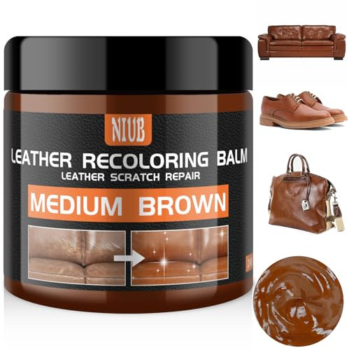 NIUB Kit di Riparazione per Pelle - Crema di Riparazione in Pelle per Divani, Sedili Auto, Scarpe e Giacche - Ripara Graffi, Crepe e Strappi - Ricolorante e Rinnovatore per Pelle - Marrone Medio