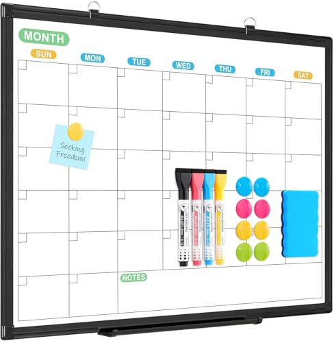 WALGLASS Dry Erase Calendar Whiteboard for Wall, 24 x 18 Double-Sided Monthly Calendar White Board with Black Aluminum Frame, Hanging or Wall Mount Dry Erase Whiteboard for Home, Office, School