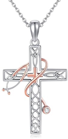 URONE Keltisches Kreuz Stethoskop Halskette Sterling Silber Stethoskop Anhänger Krankenschwester Schmuck für Frauen Arzt Medizinische