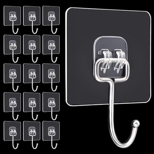 MUETKNYE Adhesive Hooks 16 Pack Hold 44lb Heavy Duty Waterproof | Transparent Traceless Clear Wall Hooks for Hanging Keys, Robe & Towel