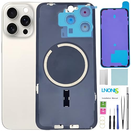 LNONLS 15 Pro Max Back Glass Replacement for iPhone 15 Pro Max Rear Back Cover Glass Waterproof and Camera Lens+Professional Repair Tool Kit (White Titanium)
