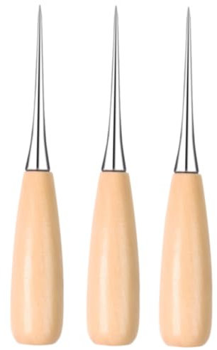 SGERUFZ Set da 3, Punteruolo con Manico in Legno, Bulino in Pelle, Professionale per Cucito, Set per Cucire con Punta Rotonda e Aghi per Punzonatura, DIY Lavori in Pelle, Cucire e Punzonare la Pelle
