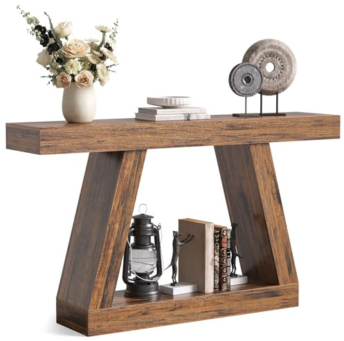 LITTLE TREE 55-Zoll-Sofatisch mit Stauraum, Konsolentisch im Landhausstil für zu Hause, rechteckiges Holzmöbelstück für den Eingangsbereich, Wohnzimmer, Schlafzimmer, Büro, Flur, braun