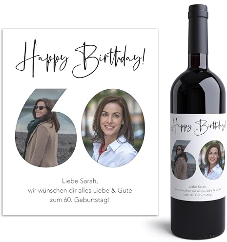 60. Geburtstag Weinetiketten personalisiert mit Foto Flaschenetiketten selbst gestalten Geburtstagsgeschenk Geschenk Fotogeschenk Weinflasche Etiketten 2 Stk. | 10x12 cm