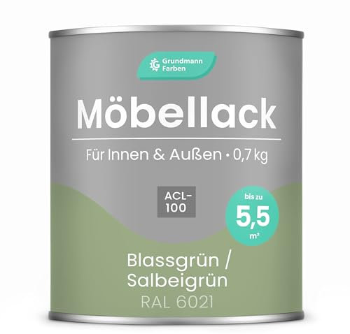 Grundmann Möbellack ACL 100 - Salbeigrün Mintgrün 0,7 Kg - Lösemittelfrei & Geruchsarm - 4in1 Möbelfarbe inkl. Grundierung - Innen und Außen - Für Holz, Metall & Kunststoff - Blassgrün RAL 6021