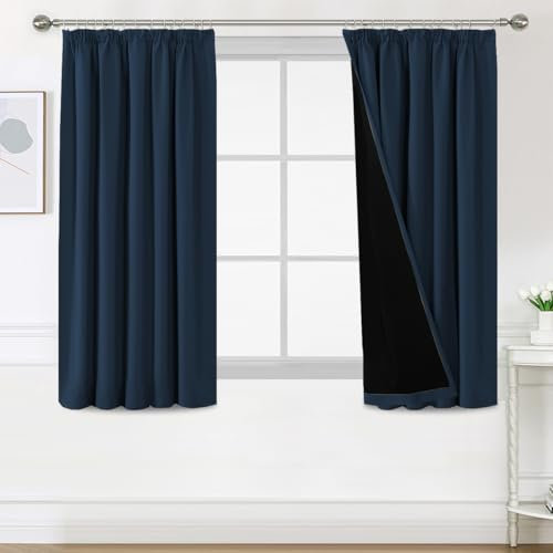H.Versailtex 100% Blackout Curtains for Bedroom, Pencil Pleat Black Out Living Room Curtains Super Soft Thermal Insulated Curtain Pair Panel with Tiebacks, W46x L54 Inch, 2 Panels, Navy