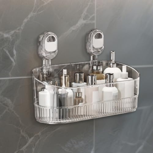 Estantería de ducha con ventosa, organizador de baño acrílico, organizador de baño, gran volumen, sin agujeros, estantería de ducha para baños, inodoros, cocinas (transparente)