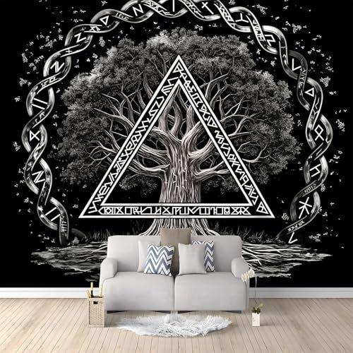 Rune Albero Vita Metallo Carta Da Parati Panoramica 300 x 210 CM (L x A) Poster Da Parete In Tessuto Non Tessuto 3D Murali Per Soggiorno Camera dei Bambini Decorazione Stile vichingo
