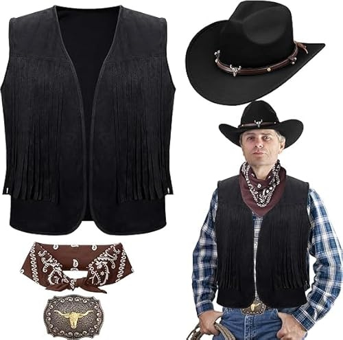 Malloom Cowboy Kostüm Set für Herren – 4-teiliges Western Outfit mit Cowboyhut, Fransenweste & Bandana für Karneval & Cosplay