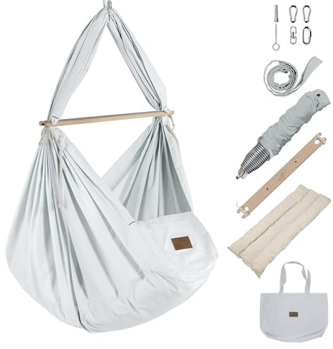 SCHMUSEWOLKE Federwiege Air Grey Komplett-Set - Hängematte für Babys und Kleinkinder ab Geburt bis 3 Jahre - Bio-Baumwolle - Mit Schafwollmatratze