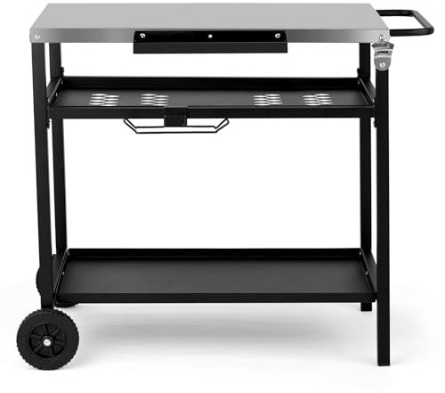 HOBBYZOO Desserte à roulettes, Chariot de Barbecue Mobile à 3 Niveaux, 97 x 51 x 83 cm, Établi en Acier Inoxydable argenté - Cuisine exterieure, Panier avec Filet, Noir