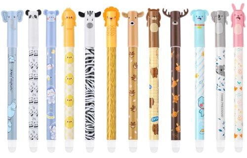Thboxes 12 Radierbare Gelstifte 0,5 mm mit Tiermotiv, Schwarz & Blau | Radierbare Tinte, 6 Schwarz + 6 Blau, feine 0,5-mm-Spitze, Schnelltrocknend, Tierkappe, für Schule und Büro