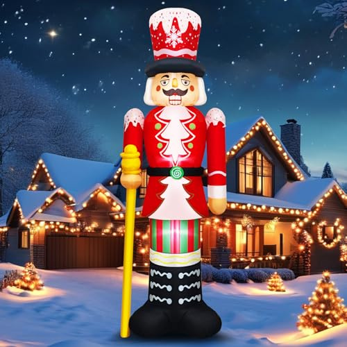 QEOIYDE Figura inflable de cascanueces de Navidad de 8 pies, soldado rojo y blanco con rayas de bastón de caramelo, personal y sombrero de corona, decoración festiva para césped, jardín o exhibición