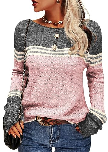 Cicy Bell Women Fashion Colorblock Pullover Crew Neck Knitwear Sweater Tops for Autumn and Winter,Pink,XL