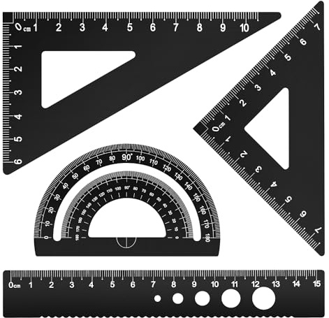 MSDADA Set di 4 Squadrette da Disegno - Righello in Lega di Alluminio 15 cm, Goniometro, Triangoli 45°&60°, Strumenti Geometrici per Scuola Uni e Ufficio (Nero)