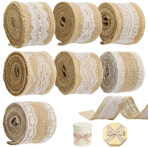 Forbabe 7 Rolle 2M Juteband mit Spitze, Vintage Bastelband Geschenkband Natur Stoffband, Jute Rolle Boho Geschenkbänder Spitzenband für Hochzeit Tischdeko Weihnachten Geschenkverpackung DIY Basteln