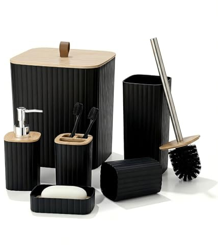 Perclyzm Badezimmer Set Schwarz 6-TLG. Mit Bambusdeckel, Modernes Komplettes Badaccessoires-Set Mit Mülleimer, Toilettenbürste, Zahnbürstenhalter Und Seifenspender