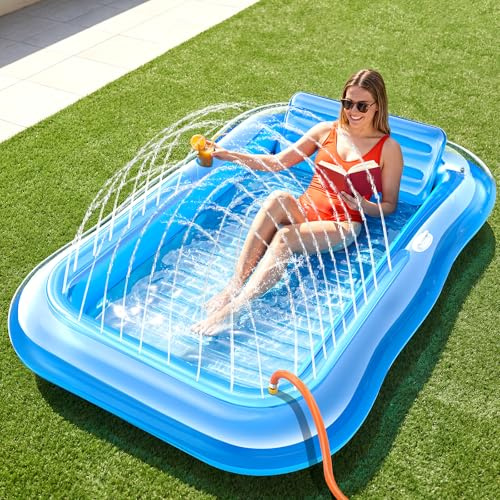 Inflatable Tanning Pool Lounger Float with Sprinkler, 77 x 48 XL Tanning Pool for Adults with Pillow & Cup Holder, 6 in 1 Suntan Tub Sunbathing Bed Pool Floats Adult for Backyard, Beach & Lake