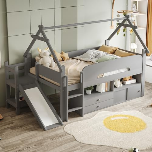 Letto per bambini 90 x 200, telaio a forma di tetto, con scivolo di sicurezza, con cassetti e ringhiera di sicurezza, con area giochi e spazio di archiviazione, letto singolo in legno massiccio, letto