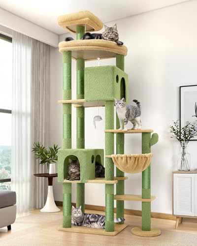 Globlazer F83 Cat Tree Tower 213 cm Multiple Lounging Areas for Large Cats | Sturdy Cat Tree with 2 Cat Caves, Platform 55*45 CM, Sisal Scratcher Posts,hanging basket, Stable Cat Towewr Easy to Assemble
