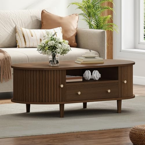 Moderner Ovale Couchtisch 100x50x36 cm, Kaffeetisch mit Schublade und Offener Ablage, Stabiler Sofatisch mit Rolltür, Sicherheit für Kinder, Beistelltisch für Wohnzimmer, Elegante Holzmaserung