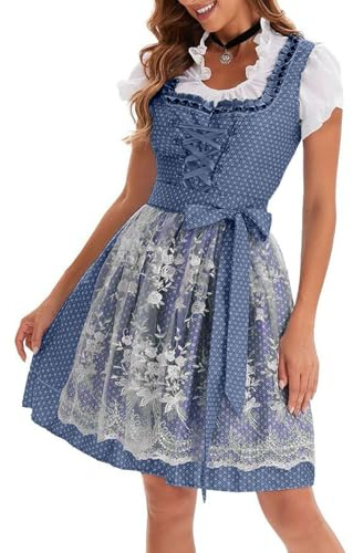 JISOUKIN 3-Teiliges Set Dirndl Damen Oktoberfest Dirndlkleid Trachtenmode mit Trachtenbluse Spitze Midi Kleid Schürze Wiesn Outfit Trachtenkleid Volksfest