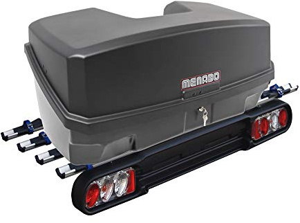 Menabo Race 4 Gepäckträger für Anhängerkupplungen für 4 Fahrräder mit QuickStop Faltmechanik und Boxxy-Gepäckfach, schwarz