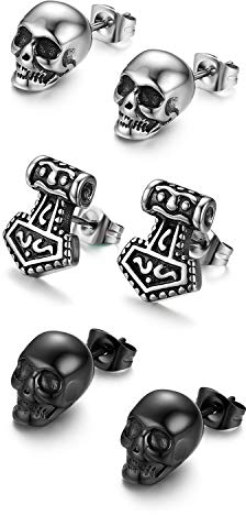 Aroncent Totenkopf Ohrstecker Piercing Ohr Herren Ohrringe Thor's Hammer Ohrschmuck Jazz Punk Rock Hip Hop